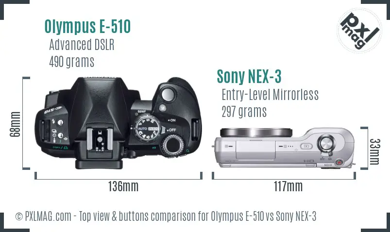 Olympus E-510 vs Sony NEX-3 top view buttons comparison