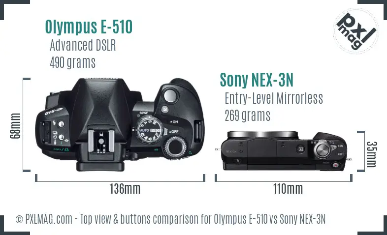 Olympus E-510 vs Sony NEX-3N top view buttons comparison