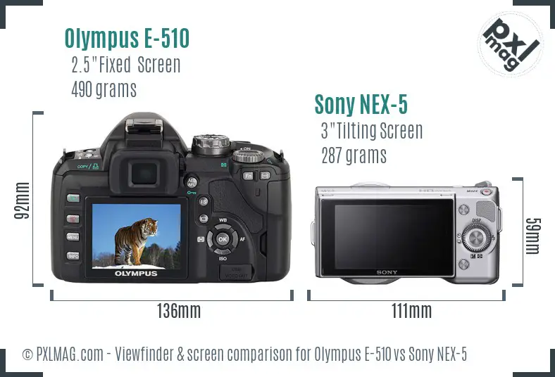 Olympus E-510 vs Sony NEX-5 Screen and Viewfinder comparison