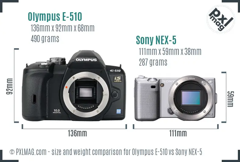 Olympus E-510 vs Sony NEX-5 size comparison