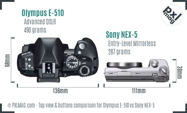 Olympus E-510 vs Sony NEX-5 top view buttons comparison