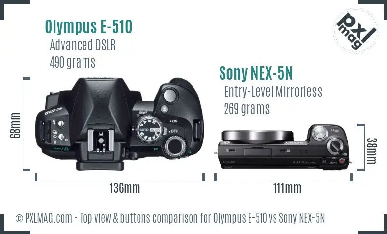Olympus E-510 vs Sony NEX-5N top view buttons comparison