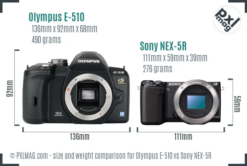 Olympus E-510 vs Sony NEX-5R size comparison
