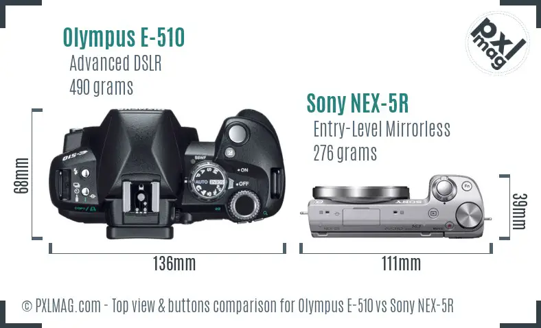 Olympus E-510 vs Sony NEX-5R top view buttons comparison