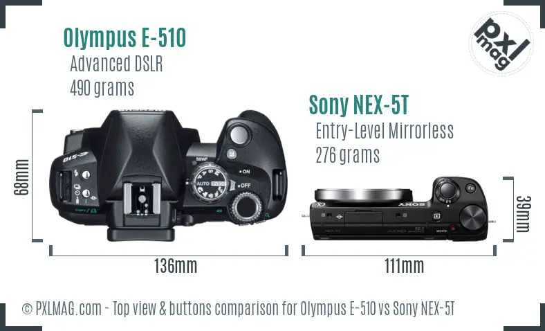 Olympus E-510 vs Sony NEX-5T top view buttons comparison