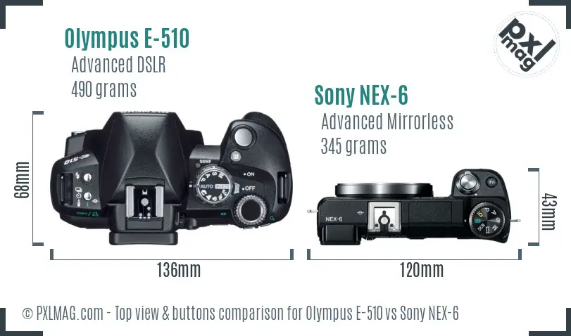 Olympus E-510 vs Sony NEX-6 top view buttons comparison