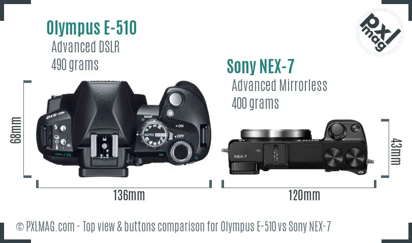 Olympus E-510 vs Sony NEX-7 top view buttons comparison