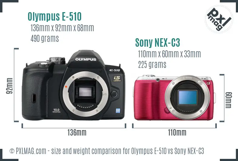 Olympus E-510 vs Sony NEX-C3 size comparison