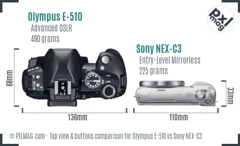 Olympus E-510 vs Sony NEX-C3 top view buttons comparison