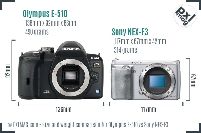 Olympus E-510 vs Sony NEX-F3 size comparison