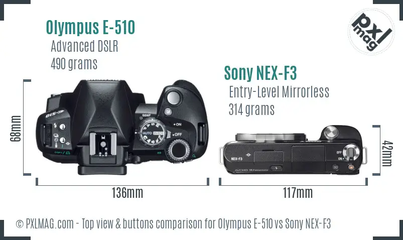 Olympus E-510 vs Sony NEX-F3 top view buttons comparison