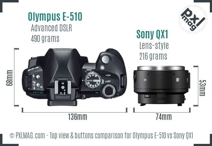 Olympus E-510 vs Sony QX1 top view buttons comparison