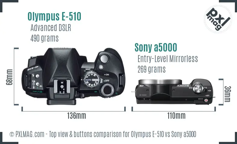 Olympus E-510 vs Sony a5000 top view buttons comparison Olympus E-510 vs Sony a5000 top view buttons comparison