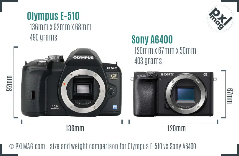 Olympus E-510 vs Sony A6400 size comparison