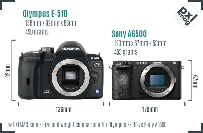 Olympus E-510 vs Sony A6500 size comparison