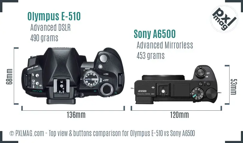 Olympus E-510 vs Sony A6500 top view buttons comparison