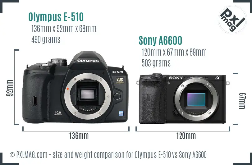 Olympus E-510 vs Sony A6600 size comparison