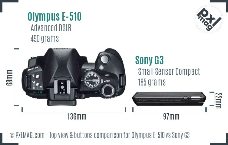 Olympus E-510 vs Sony G3 top view buttons comparison