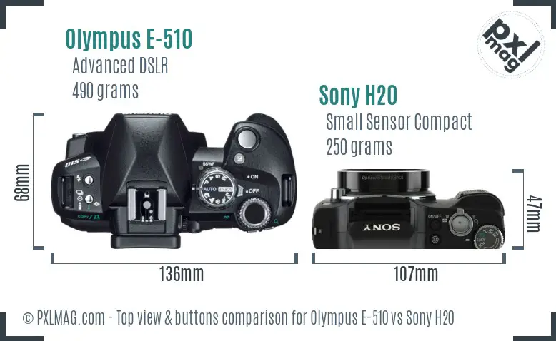 Olympus E-510 vs Sony H20 top view buttons comparison