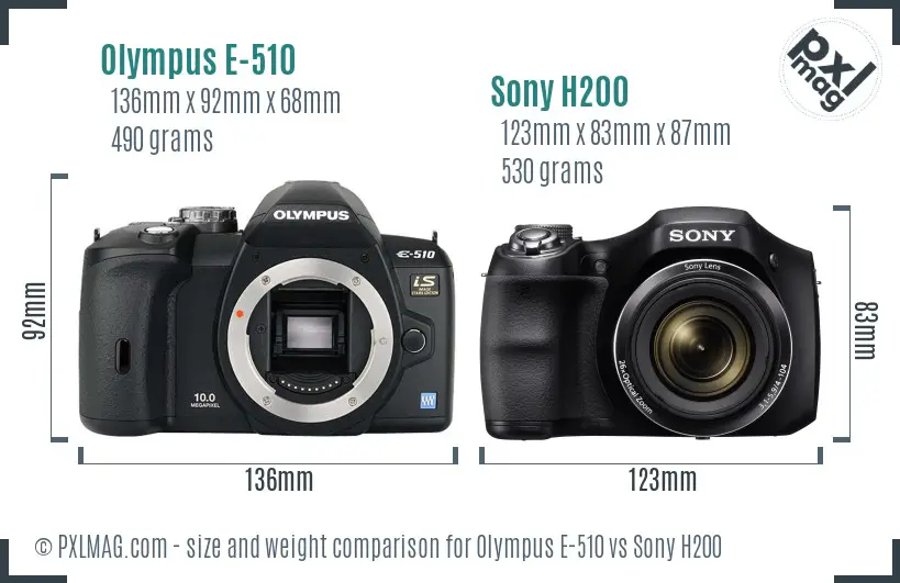 Olympus E-510 vs Sony H200 size comparison