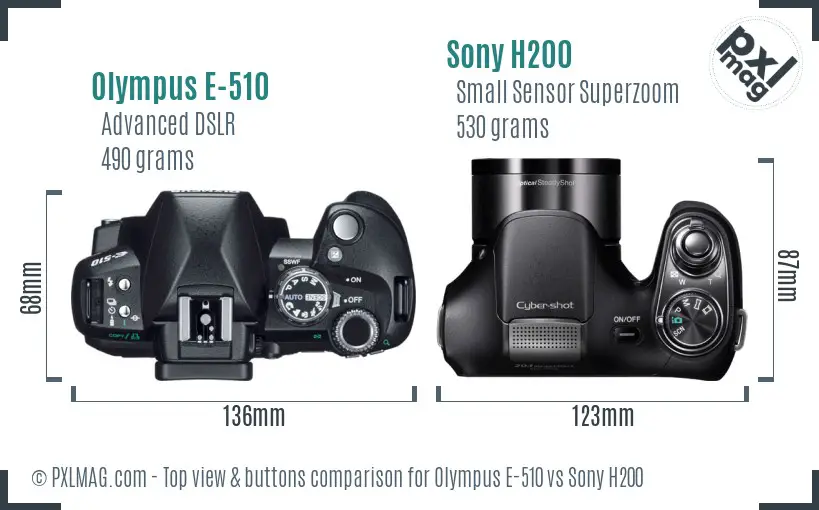 Olympus E-510 vs Sony H200 top view buttons comparison