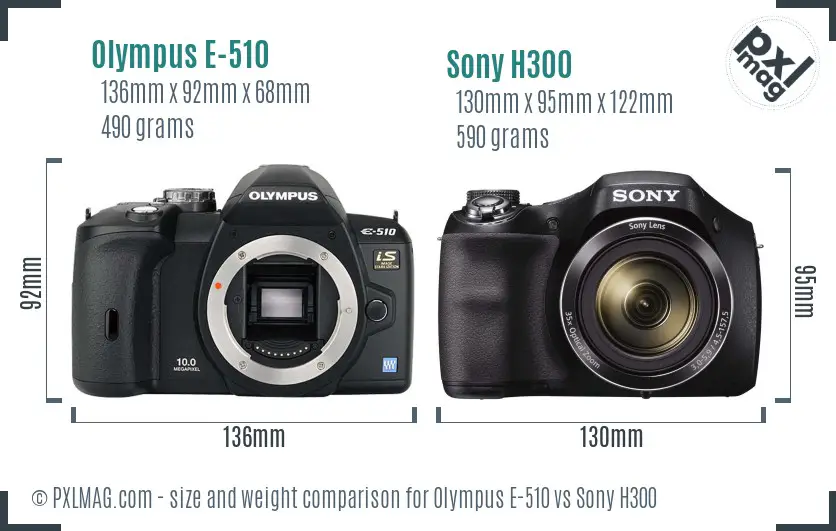 Olympus E-510 vs Sony H300 size comparison
