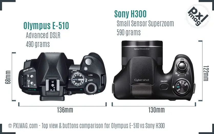 Olympus E-510 vs Sony H300 top view buttons comparison