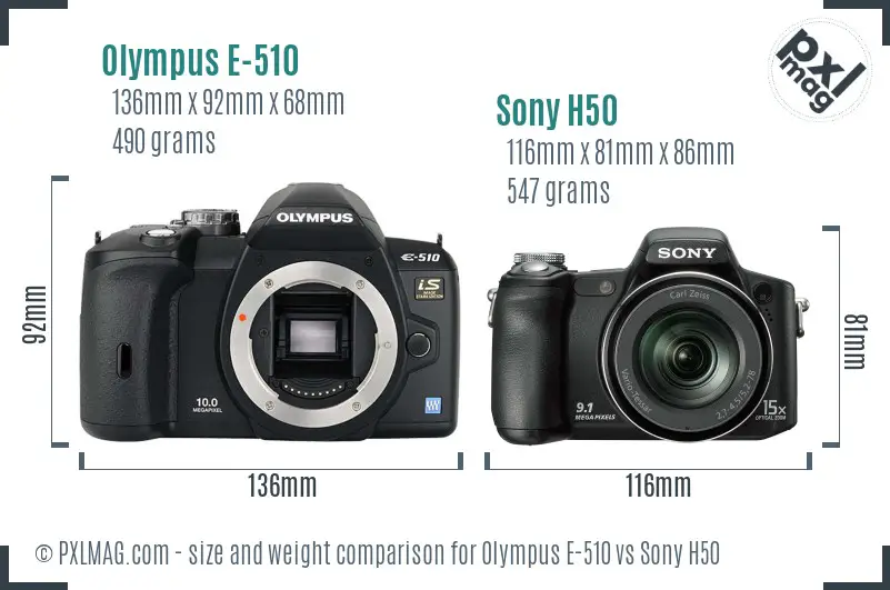Olympus E-510 vs Sony H50 size comparison