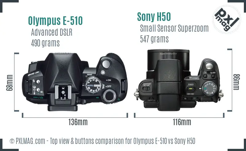 Olympus E-510 vs Sony H50 top view buttons comparison