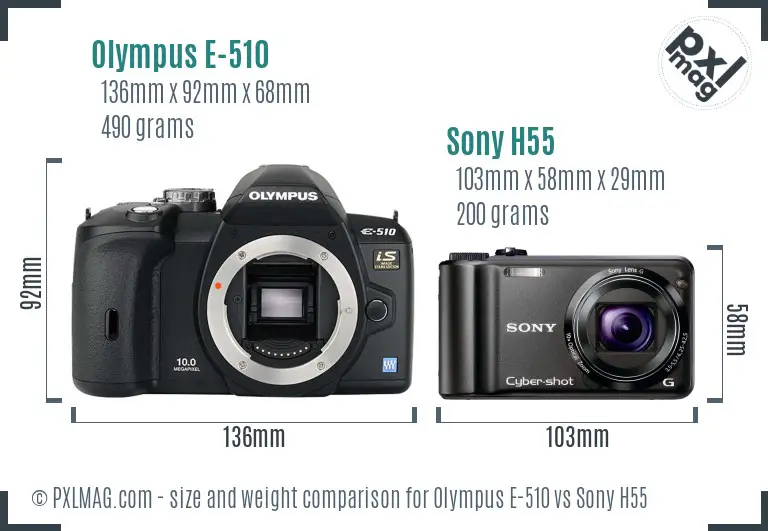 Olympus E-510 vs Sony H55 size comparison