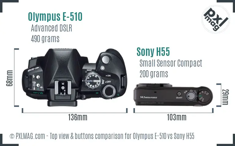 Olympus E-510 vs Sony H55 top view buttons comparison