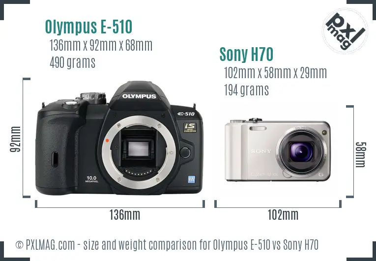 Olympus E-510 vs Sony H70 size comparison