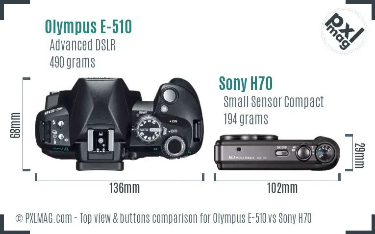 Olympus E-510 vs Sony H70 top view buttons comparison