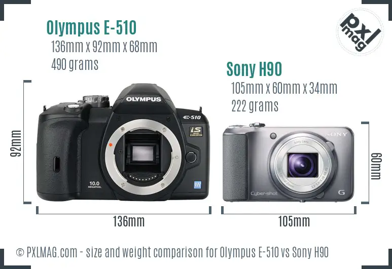 Olympus E-510 vs Sony H90 size comparison