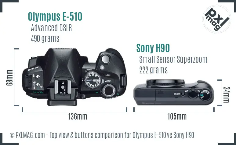 Olympus E-510 vs Sony H90 top view buttons comparison