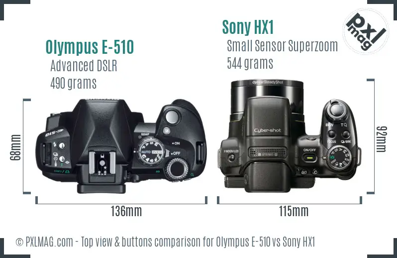 Olympus E-510 vs Sony HX1 top view buttons comparison