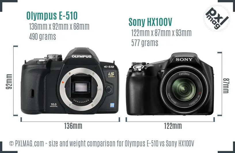 Olympus E-510 vs Sony HX100V size comparison
