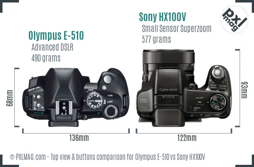 Olympus E-510 vs Sony HX100V top view buttons comparison
