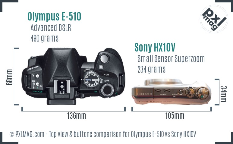 Olympus E-510 vs Sony HX10V top view buttons comparison