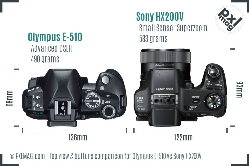 Olympus E-510 vs Sony HX200V top view buttons comparison