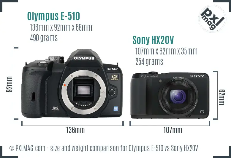 Olympus E-510 vs Sony HX20V size comparison