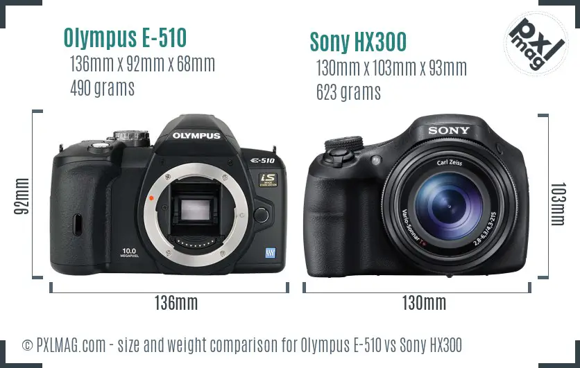 Olympus E-510 vs Sony HX300 size comparison