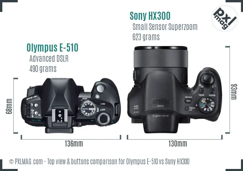 Olympus E-510 vs Sony HX300 top view buttons comparison