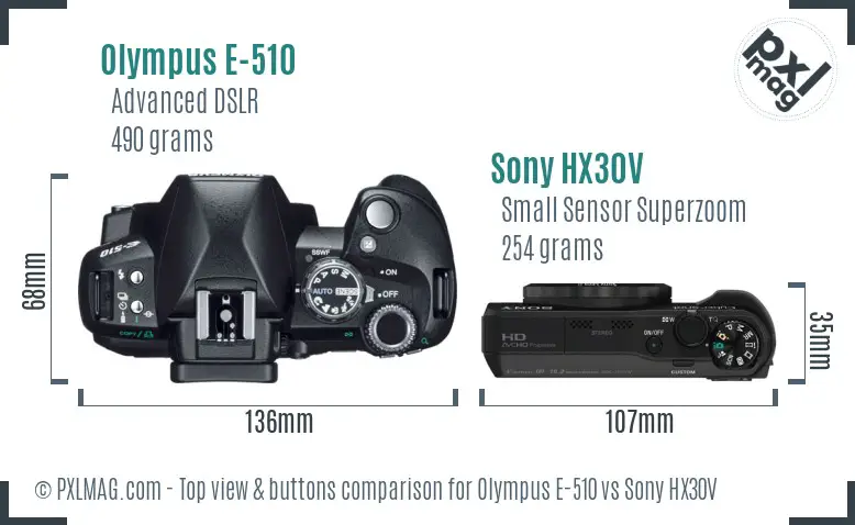 Olympus E-510 vs Sony HX30V top view buttons comparison
