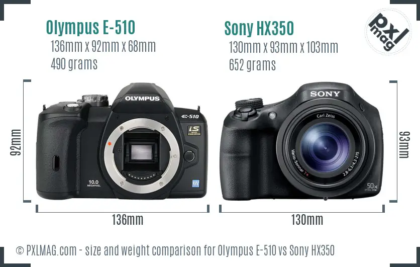 Olympus E-510 vs Sony HX350 size comparison