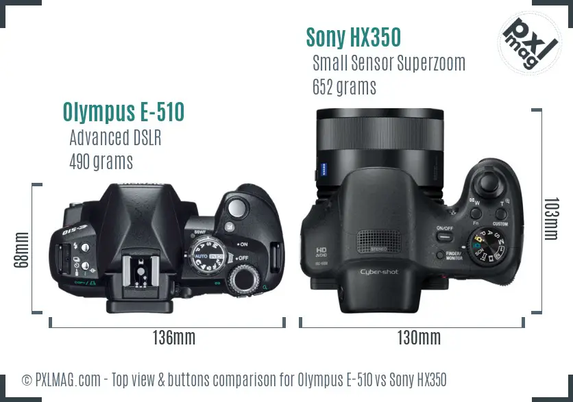 Olympus E-510 vs Sony HX350 top view buttons comparison