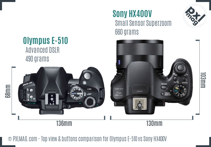Olympus E-510 vs Sony HX400V top view buttons comparison