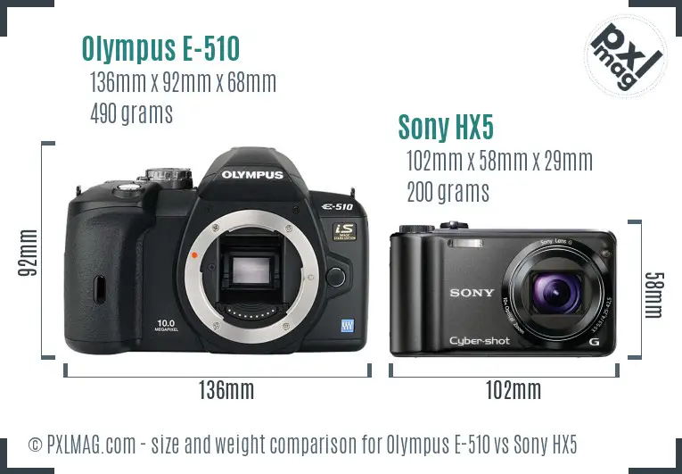 Olympus E-510 vs Sony HX5 size comparison