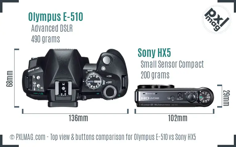 Olympus E-510 vs Sony HX5 top view buttons comparison