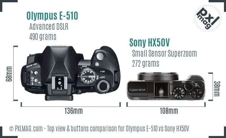 Olympus E-510 vs Sony HX50V top view buttons comparison